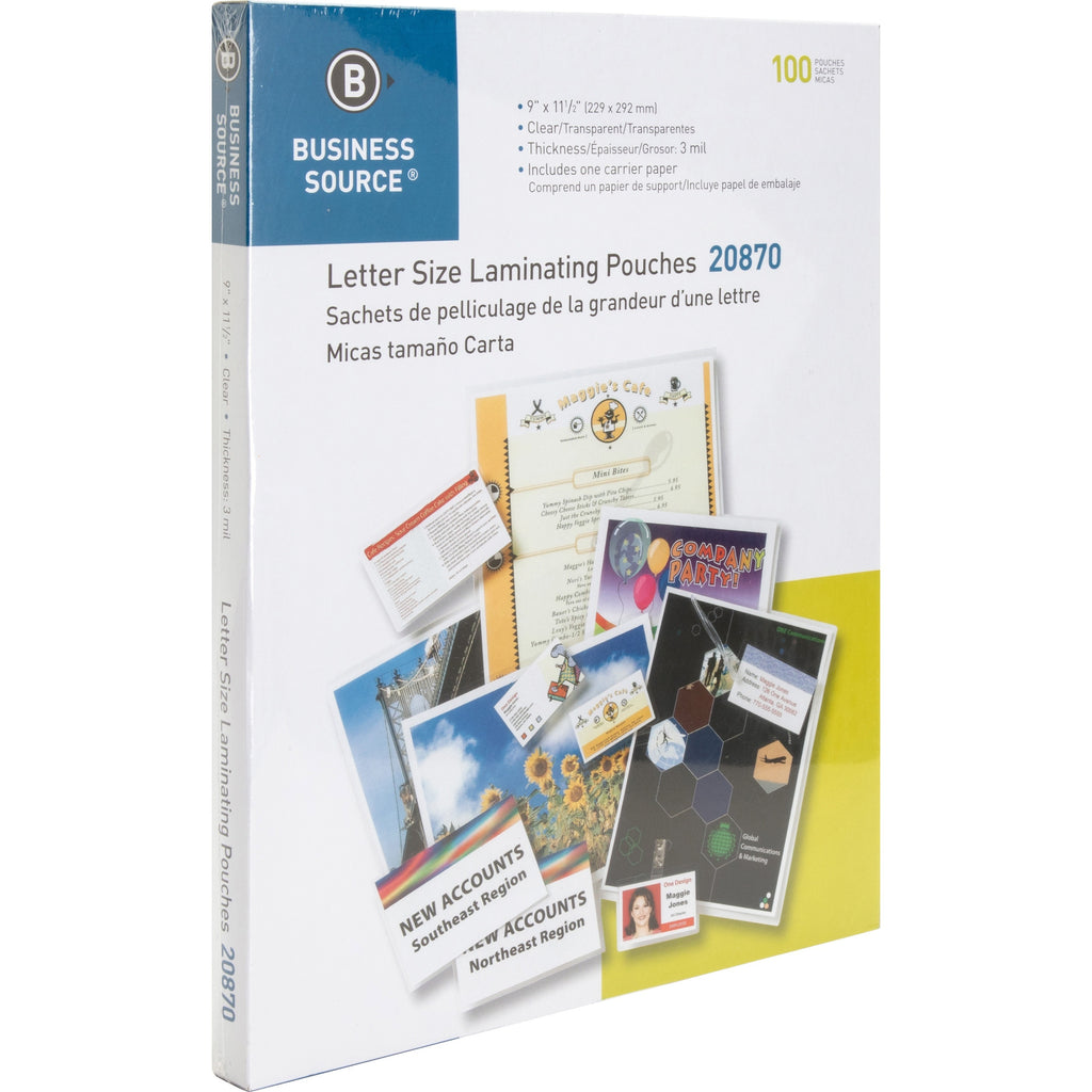 Business Source Letter Size Laminating Pouches - Laminating Pouch/Sheet Size: 9" Width x 11.50" Length x 3 mil Thickness - for Document, ID Badge, Menu, Photo - Clear - 100 / Box - 