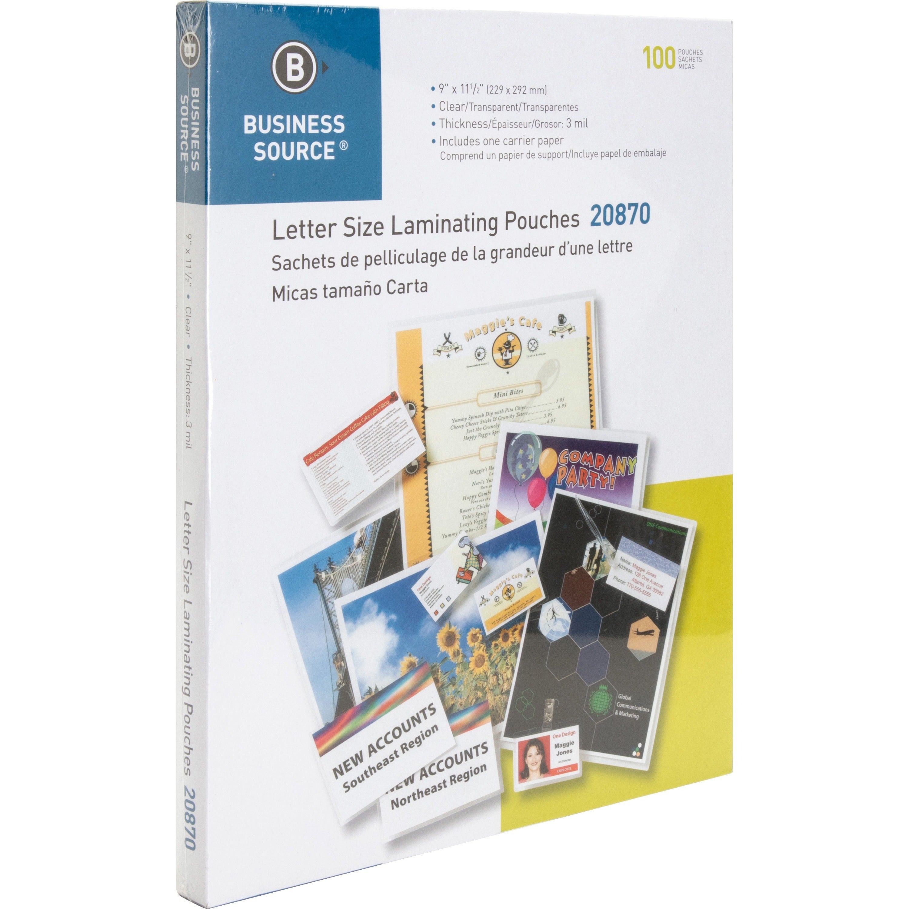 Business Source Letter Size Laminating Pouches - Laminating Pouch/Sheet Size: 9" Width x 11.50" Length x 3 mil Thickness - for Document, ID Badge, Menu, Photo - Clear - 100 / Box - 