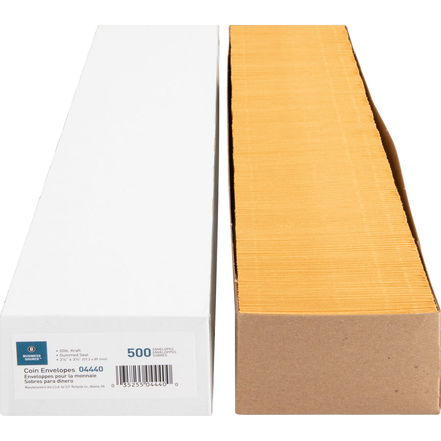 Business Source Small Coin Kraft Envelopes - Coin - #1 - 2 1/4" Width x 3 1/2" Length - 20 lb - Gummed - Kraft - 500 / Box - Brown Kraft - 