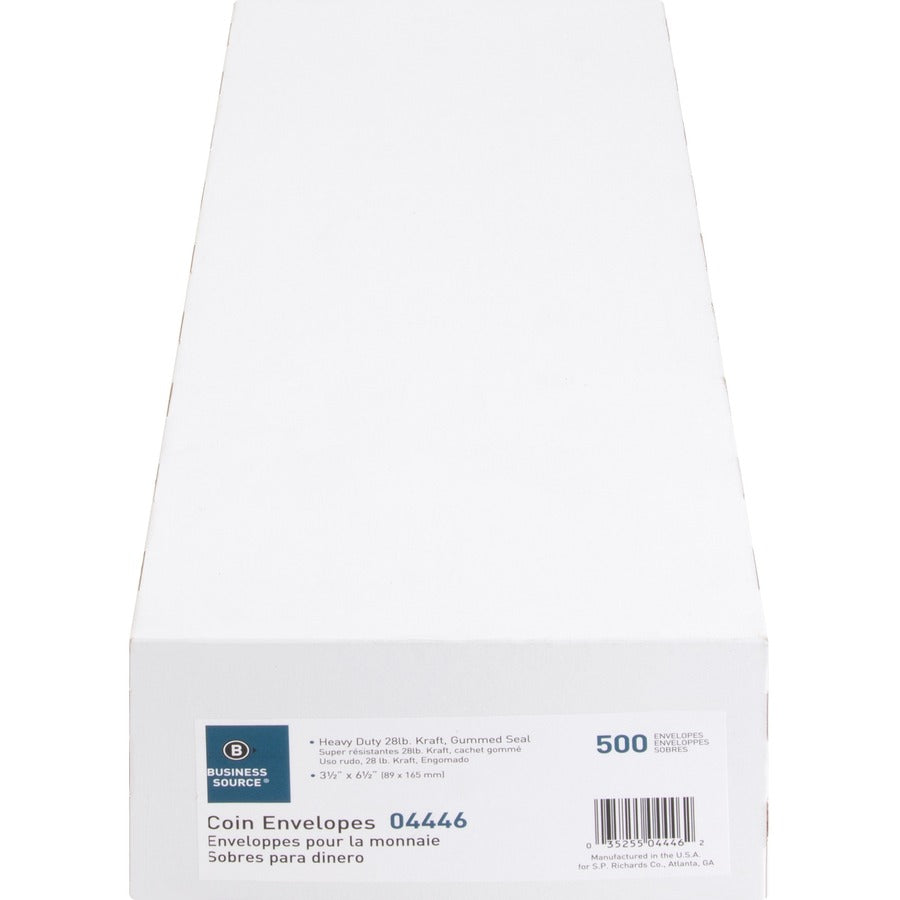 Business Source Little Coin No. 7 Kraft Envelopes - Coin - #7 - 3 1/2" Width x 6 1/2" Length - 28 lb - Gummed - Kraft - 500 / Box - Brown Kraft