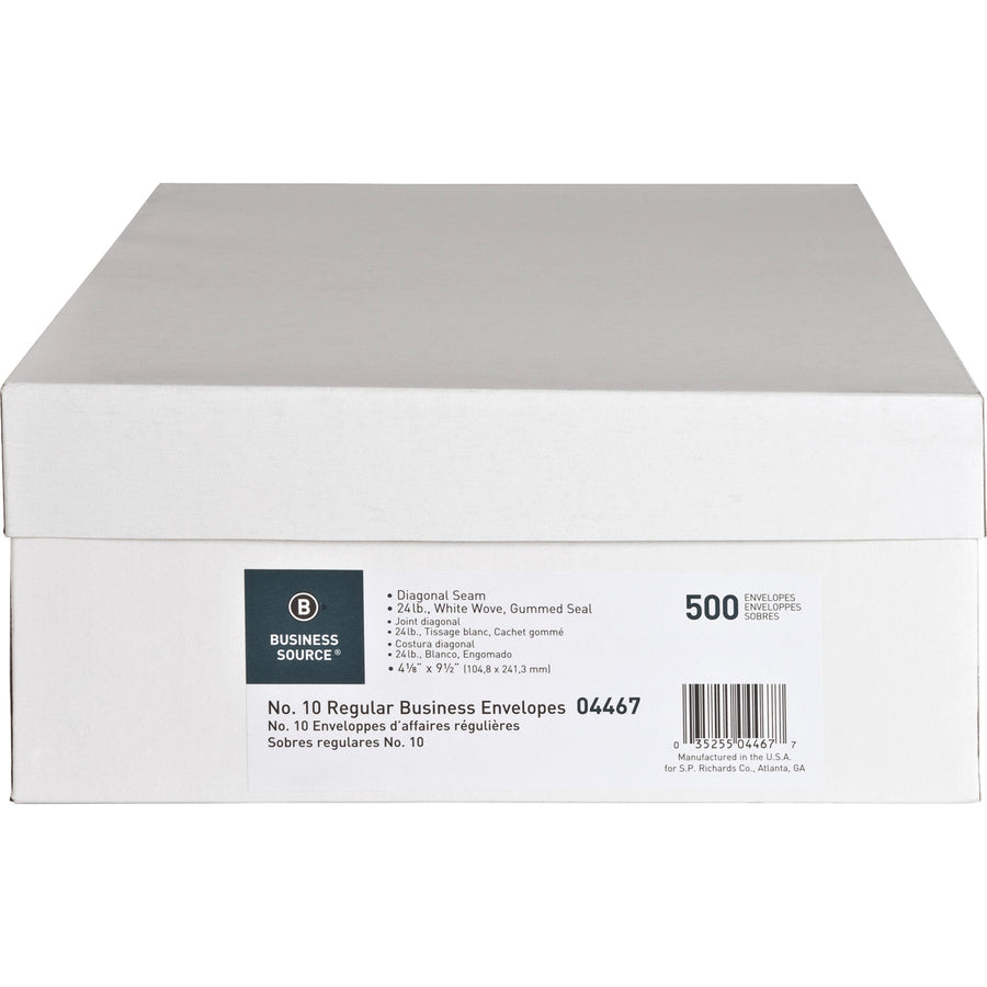 Business Source No. 10 White Wove V-Flap Business Envelopes - Business - #10 - 9 1/2" Width x 4 1/8" Length - 24 lb - Gummed - Wove - 500 / Box - White - 