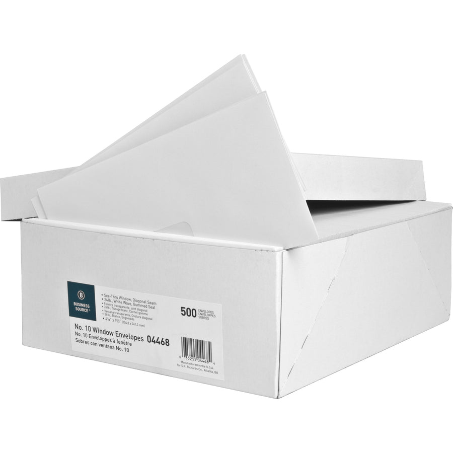 Business Source No. 10 Diagonal Seam Window Envelopes - Single Window - #10 - 4 1/8" Width x 9 1/2" Length - 24 lb - Gummed - Wove - 500 / Box - White - 