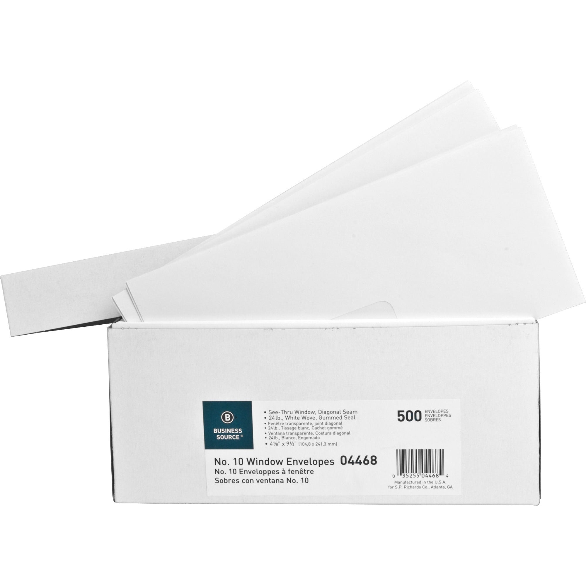 Business Source No. 10 Diagonal Seam Window Envelopes - Single Window - #10 - 4 1/8" Width x 9 1/2" Length - 24 lb - Gummed - Wove - 500 / Box - White - 