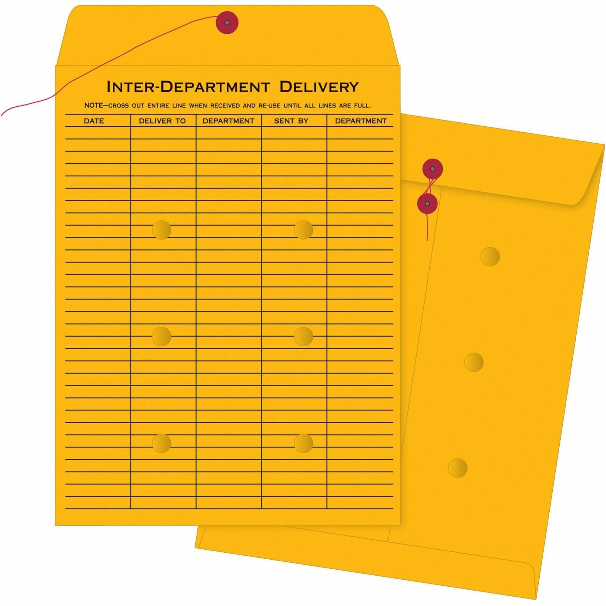 Business Source Ruled Interdepartmental Envelopes - Inter-department - #32 - 10" Width x 13" Length - 32 lb - String/Button - Kraft - 100 / Box - Brown Kraft - 