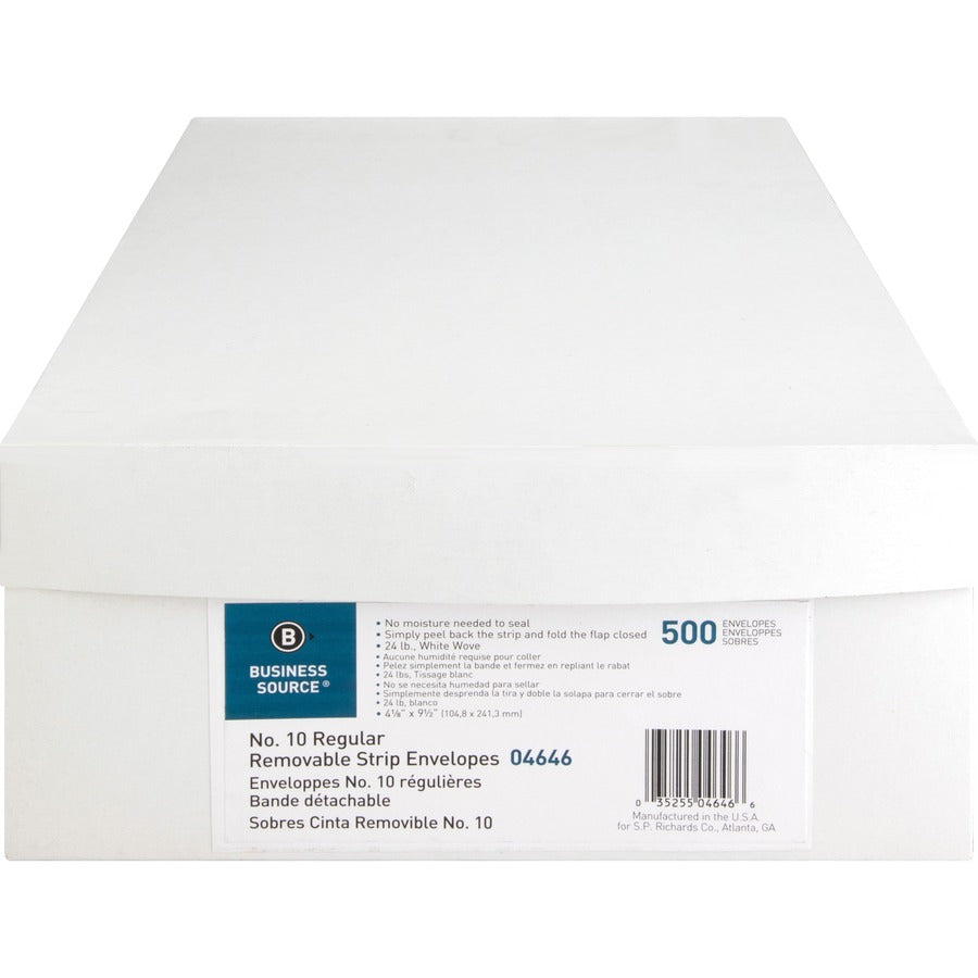 Business Source Plain Peel/Seal Business Envelopes - Business - #10 - 9 1/2" Width x 4 1/8" Length - 24 lb - Peel & Seal - Wove - 500 / Box - White