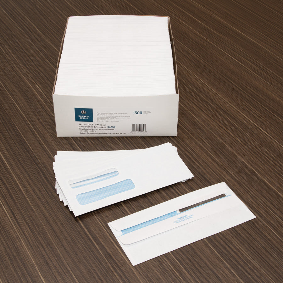 Business Source Double Window No. 8-5/8 Check Envelopes - Double Window - #8 5/8 - 8 5/8" Width x 3 5/8" Length - 24 lb - Self-sealing - 500 / Box - White - 