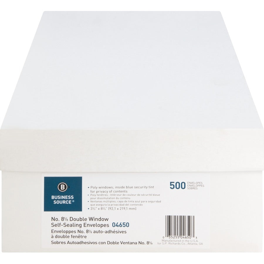 Business Source Double Window No. 8-5/8 Check Envelopes - Double Window - #8 5/8 - 8 5/8" Width x 3 5/8" Length - 24 lb - Self-sealing - 500 / Box - White