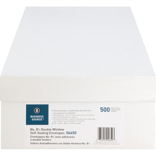 Business Source Double Window No. 8-5/8 Check Envelopes - Double Window - #8 5/8 - 8 5/8" Width x 3 5/8" Length - 24 lb - Self-sealing - 500 / Box - White