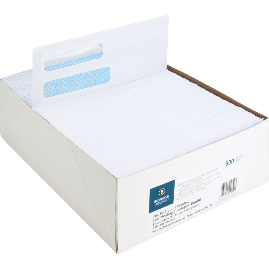 Business Source Double Window No. 8-5/8 Check Envelopes - Double Window - #8 5/8 - 8 5/8" Width x 3 5/8" Length - 24 lb - Self-sealing - 500 / Box - White - 