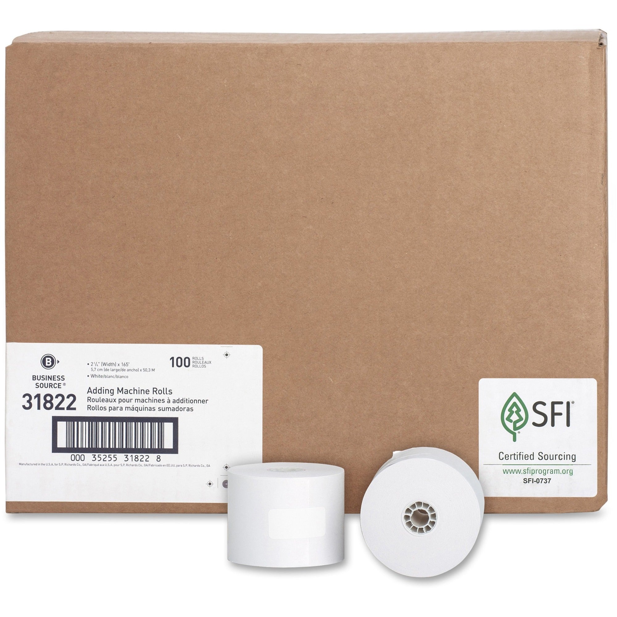 Business Source 1-Ply 2-1/4"x165' Adding Machine Rolls - 2 1/4" x 165 ft - 100 / Carton - Sustainable Forestry Initiative (SFI) - Lint-free - White