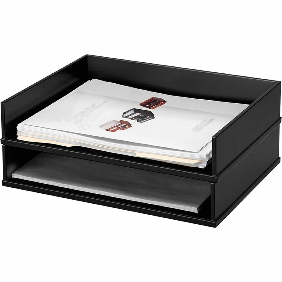 Victor 1154-5 Midnight Black Stacking Letter Tray - Desktop - Black - Wood, Faux Leather - 1Each - 
