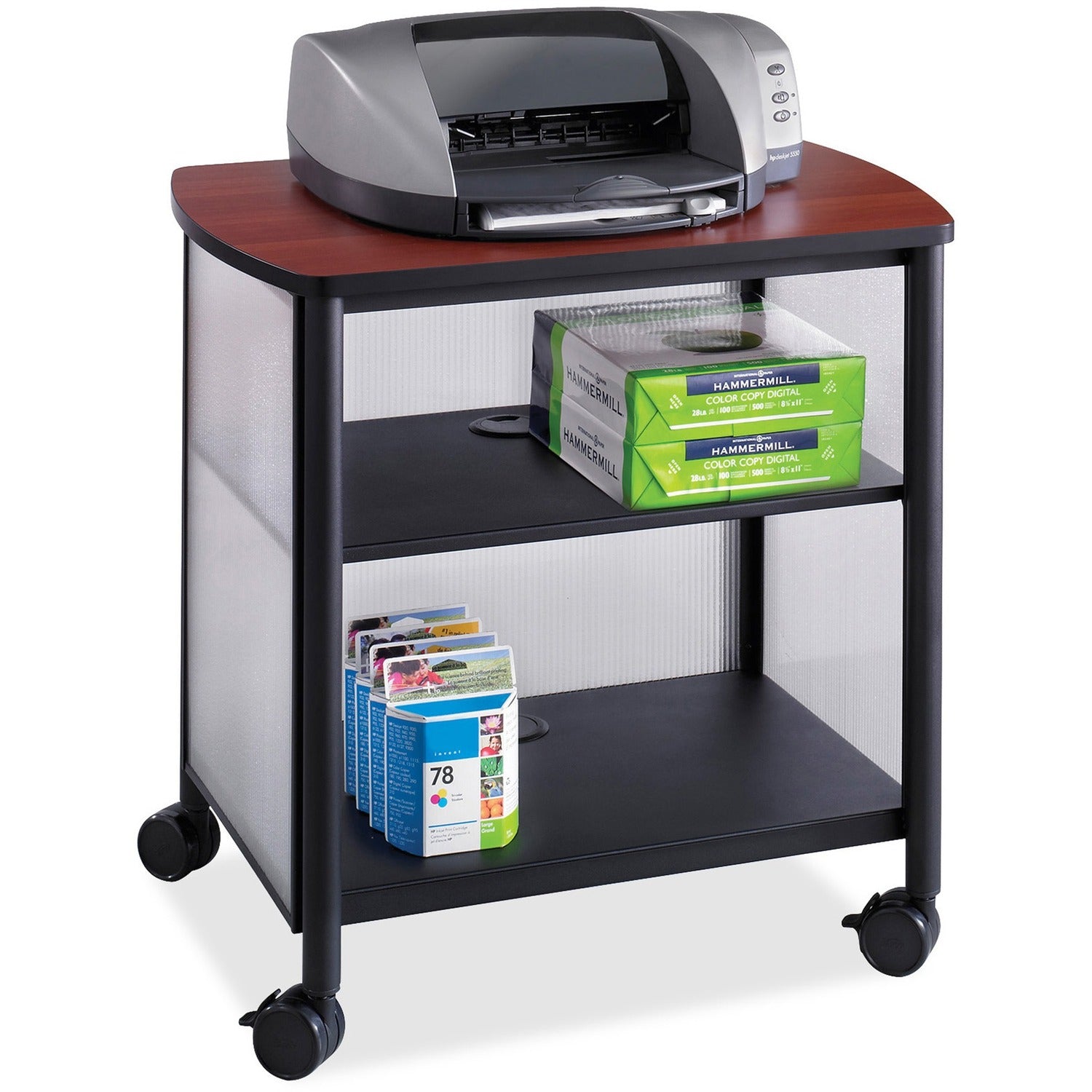 Impromptu Deskside Machine Stand, Metal, 3 Shelves, 100 lb Capacity, 26.25" x 21" x 26.5", Cherry/White/Black