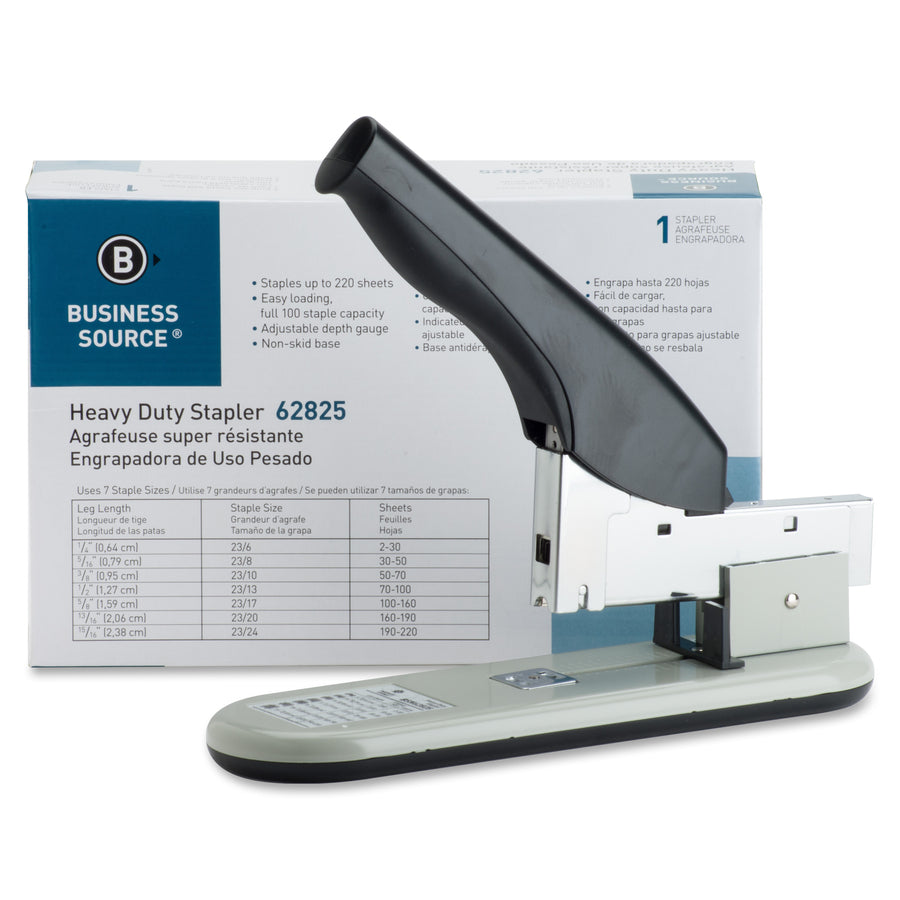 Business Source Heavy-duty Stapler - 220 Sheets Capacity - 1/4" , 1/2" , 3/8" , 5/8" , 9/16" , 13/16" , 15/16" , 7/8" , 3/4" , 5/16" Staple Size - 1 Each - Black, Putty - 