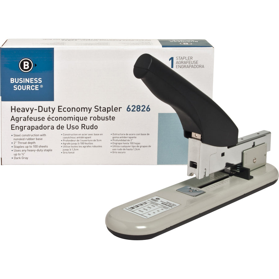 Business Source Economy Heavy-duty Stapler - 100 Sheets Capacity - 1/2" Staple Size - 1 Each - Black, Putty - 