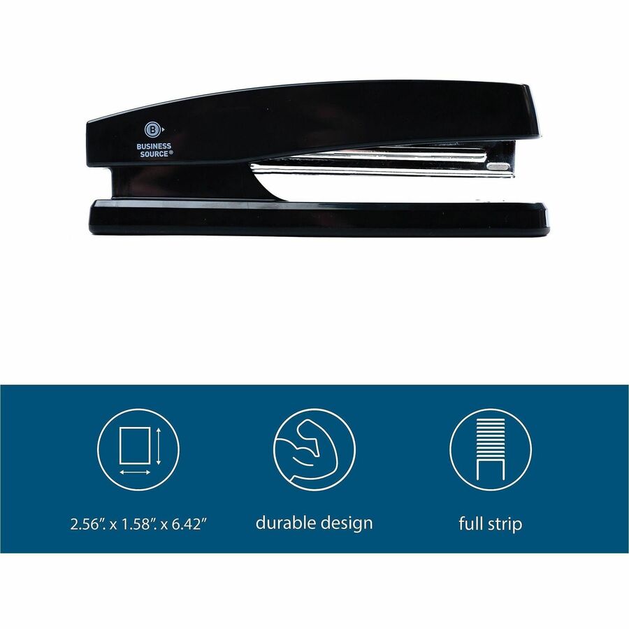 Business Source Full-strip Plastic Desktop Stapler - 20 of 20lb Paper Sheets Capacity - 210 Staple Capacity - Full Strip - 1/4" Staple Size - 1 Each - Black