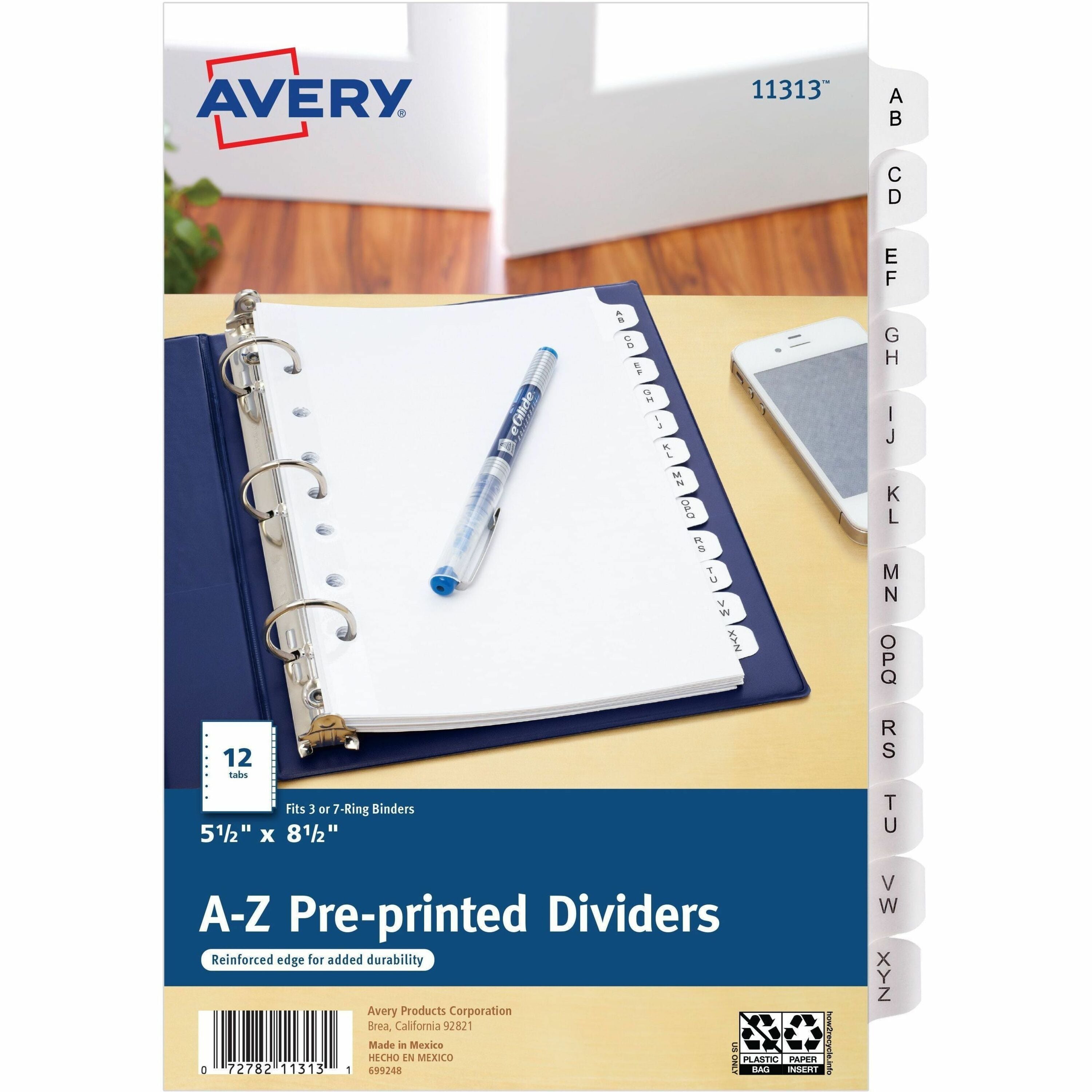 Preprinted Tab Dividers, 12-Tab, A to Z, 8.5 x 5.5, White, 1 Set
