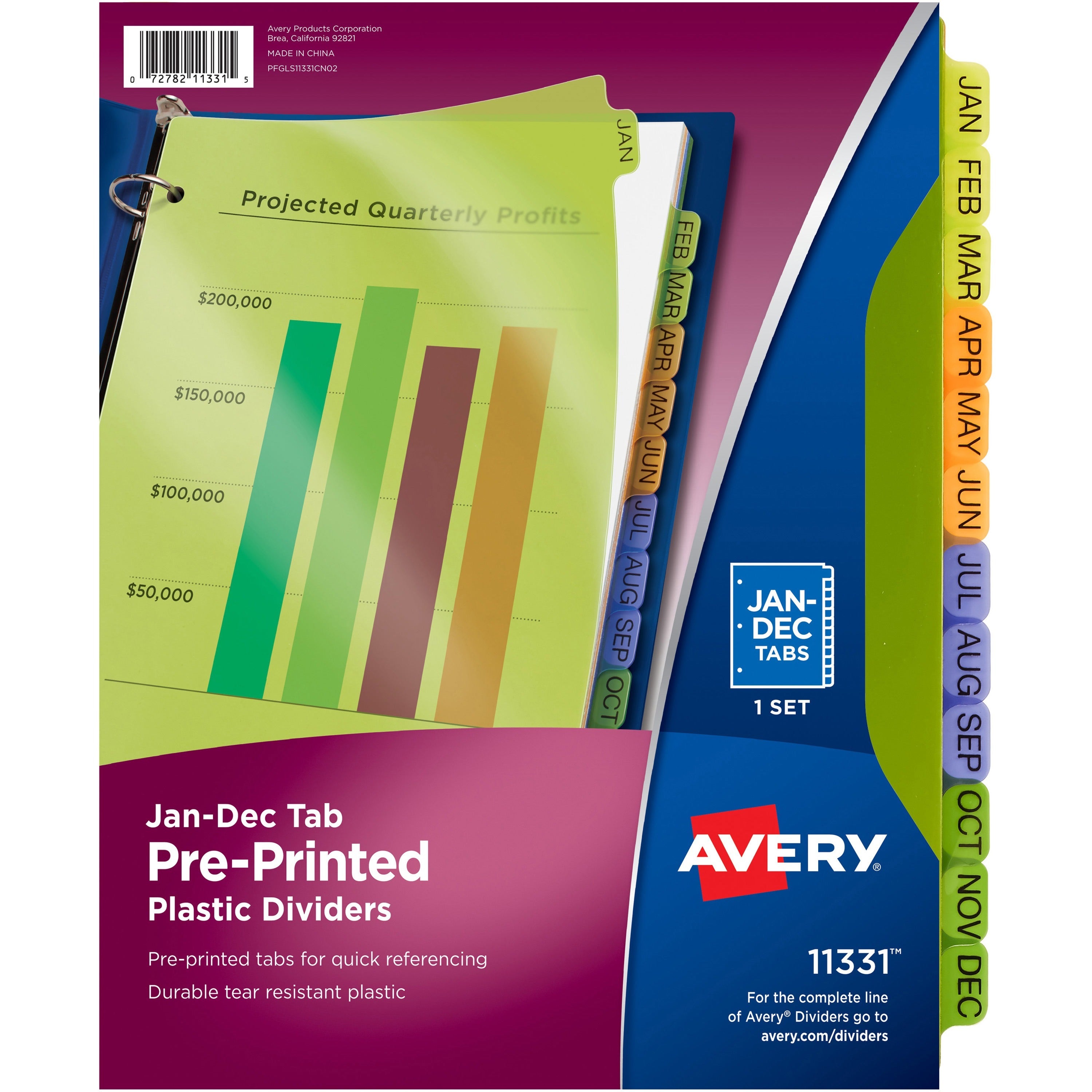 Durable Preprinted Plastic Tab Dividers, 12-Tab, Jan. to Dec., 11 x 8.5, Assorted, 1 Set