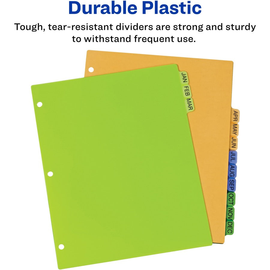 Durable Preprinted Plastic Tab Dividers, 12-Tab, Jan. to Dec., 11 x 8.5, Assorted, 1 Set