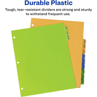 Durable Preprinted Plastic Tab Dividers, 12-Tab, Jan. to Dec., 11 x 8.5, Assorted, 1 Set