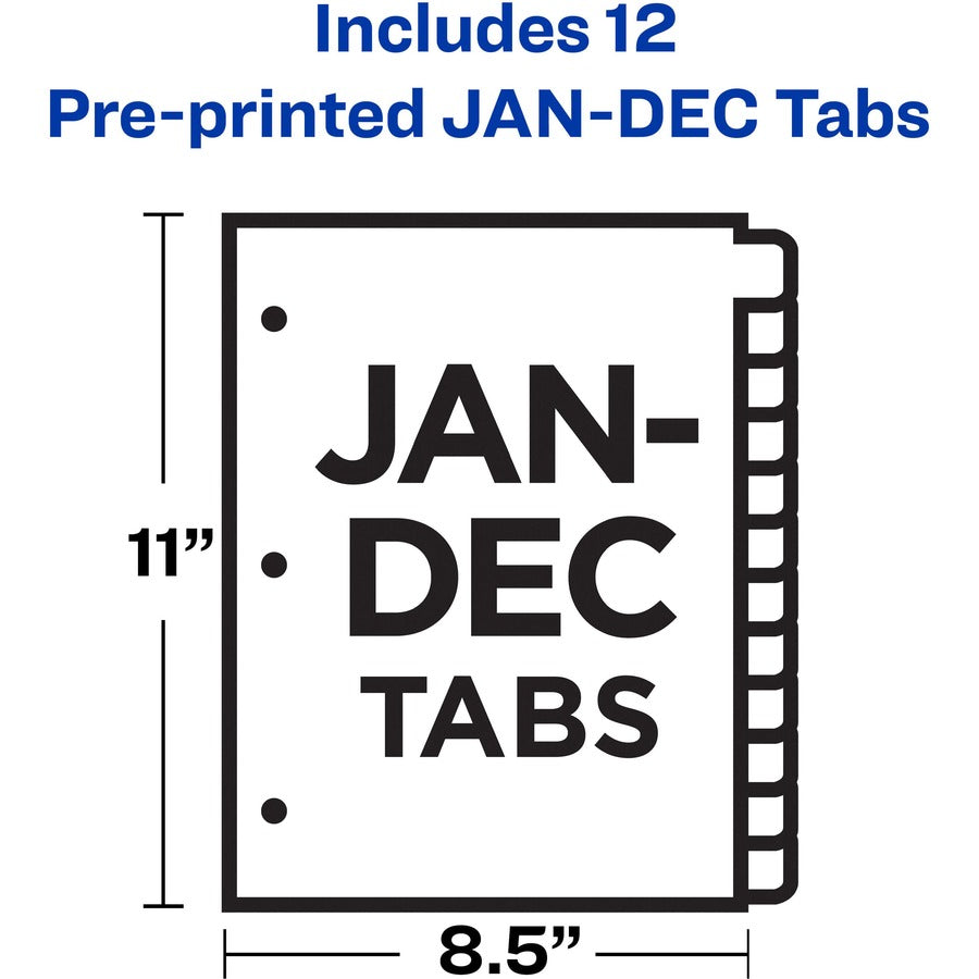 Durable Preprinted Plastic Tab Dividers, 12-Tab, Jan. to Dec., 11 x 8.5, Assorted, 1 Set
