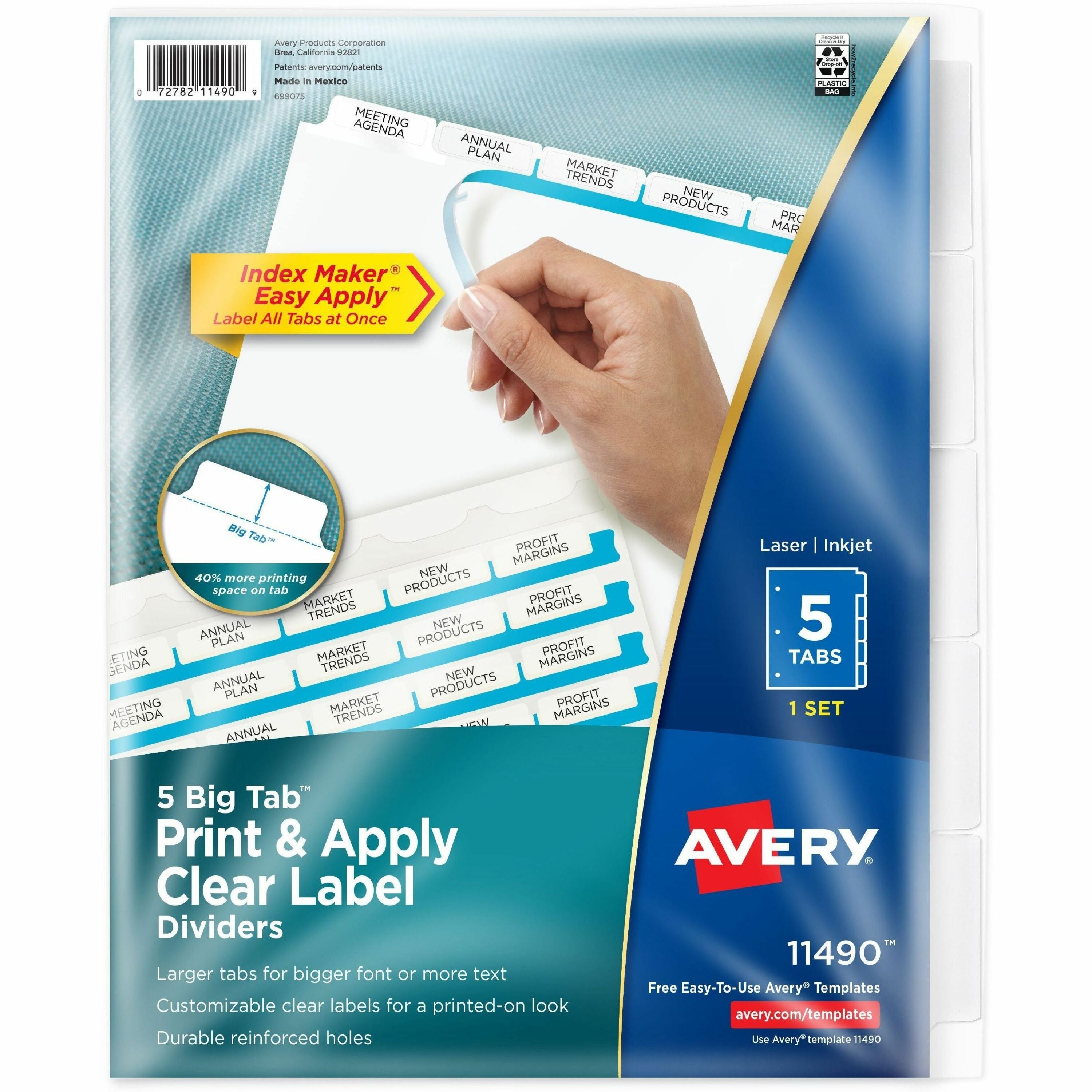 Print and Apply Index Maker Clear Label Dividers, Big Tab, 5-Tab, White Tabs, 11 x 8.5, White, 1 Set