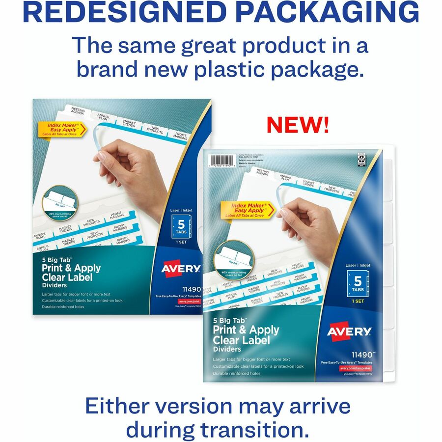 Print and Apply Index Maker Clear Label Dividers, Big Tab, 5-Tab, White Tabs, 11 x 8.5, White, 1 Set