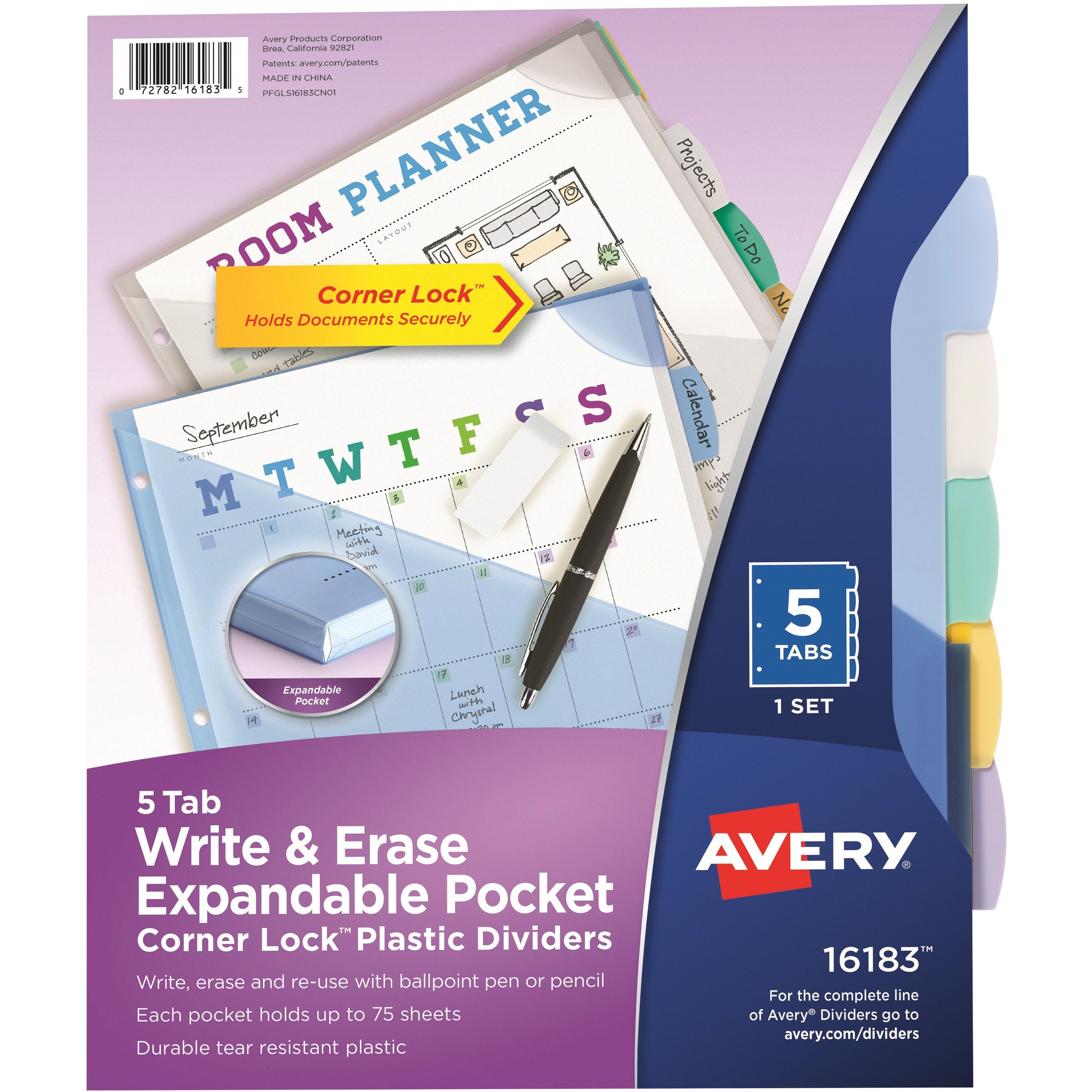 Write and Erase Big Tab Durable Plastic Dividers, Expandable Pocket, 3-Hole Punched, 5-Tab, 11 x 8.5, Assorted, 1 Set
