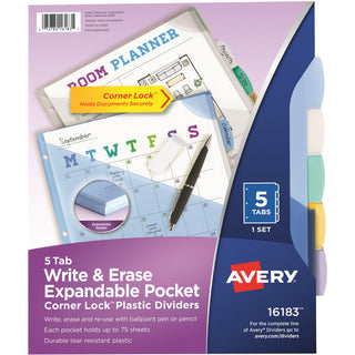 Write and Erase Big Tab Durable Plastic Dividers, Expandable Pocket, 3-Hole Punched, 5-Tab, 11 x 8.5, Assorted, 1 Set