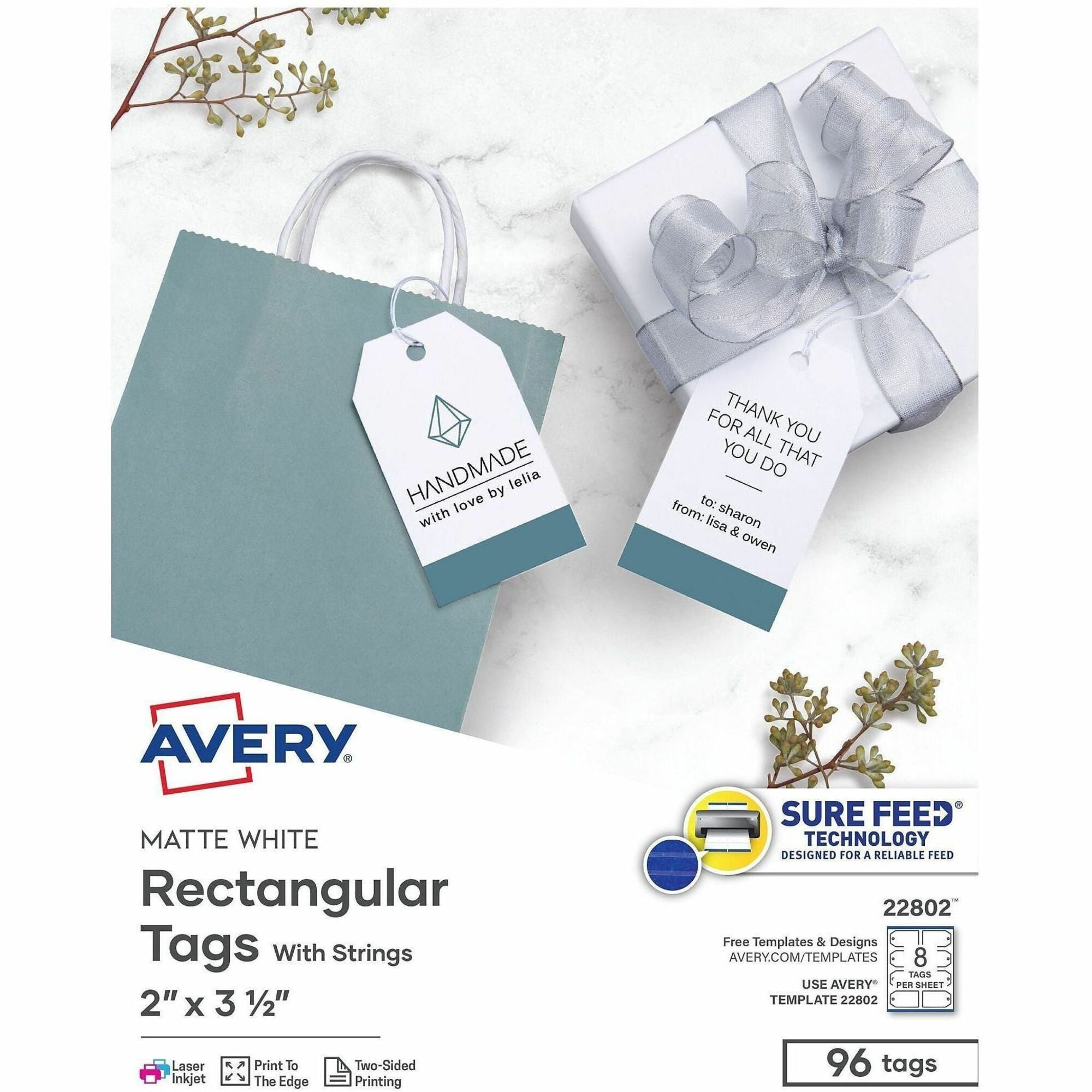 Printable Rectangular Tags with Strings, 2 x 3.5, Matte White, 96/Pack