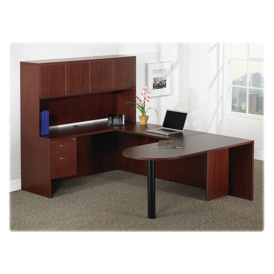 Lorell Essentials Series Left Corner Credenza - 70.9" x 35.4" x 29.5" - Finish: Laminate, Mahogany - Leveling Glide