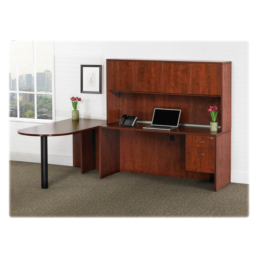 Lorell Essentials Series Left Corner Credenza - 70.9" x 35.4" x 29.5" - Finish: Laminate, Mahogany - Leveling Glide - 