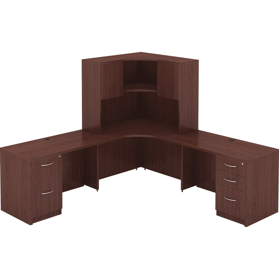 Lorell Essentials Series Corner Desk - 41.4" x 41.4" x 29.5" - Finish: Laminate, Mahogany - Leveling Glide - 