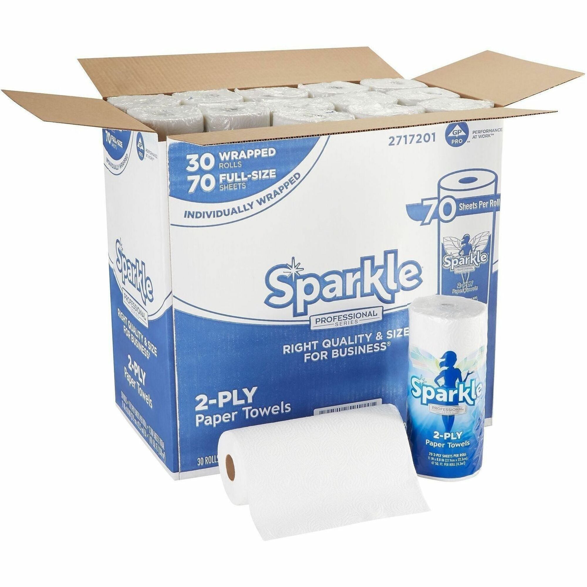 Sparkle Professional Series Paper Towel Rolls by GP Pro - 2 Ply - 8.80" x 11" - 70 Sheets/Roll - White - Paper - Long Lasting, Absorbent, Individually Wrapped, Perforated - For Multipurpose, Hand - 30 / Carton