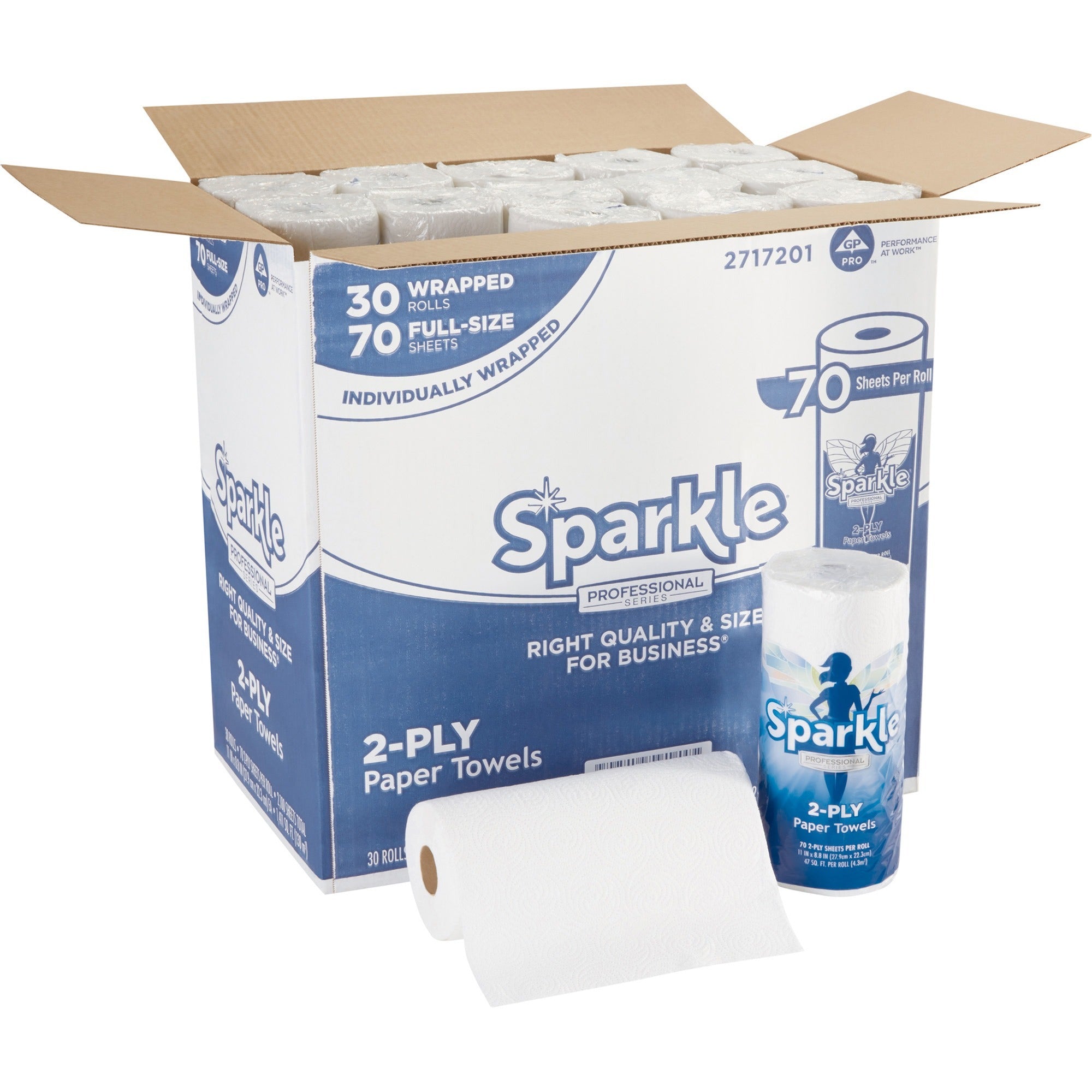 Sparkle Professional Series Paper Towel Rolls by GP Pro - 2 Ply - 8.80" x 11" - 70 Sheets/Roll - White - Paper - Long Lasting, Absorbent, Individually Wrapped, Perforated - For Multipurpose, Hand - 30 / Carton - 