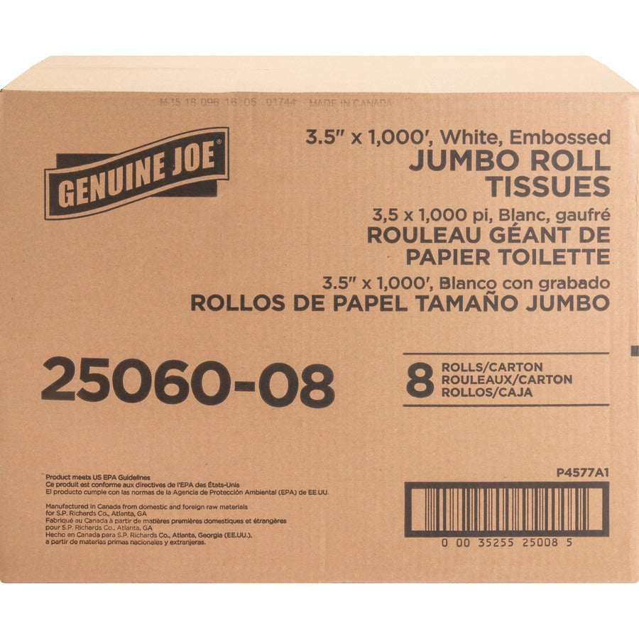 Genuine Joe Jumbo Dispenser Roll Bath Tissue - 2 Ply - 3.50" x 1000 ft - 9" Roll Diameter - 3.30" Core - White - Nonperforated, Fragrance-free, Embossed, Unscented - For Restroom, Washroom, Toilet - 8 / Carton