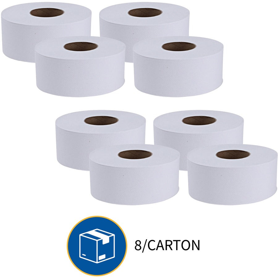 Genuine Joe Jumbo Dispenser Roll Bath Tissue - 2 Ply - 3.50" x 1000 ft - 9" Roll Diameter - 3.30" Core - White - Nonperforated, Fragrance-free, Embossed, Unscented - For Restroom, Washroom, Toilet - 8 / Carton