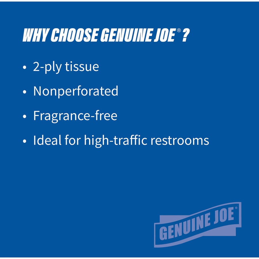 Genuine Joe Jumbo Dispenser Roll Bath Tissue - 2 Ply - 3.50" x 1000 ft - 9" Roll Diameter - 3.30" Core - White - Nonperforated, Fragrance-free, Embossed, Unscented - For Restroom, Washroom, Toilet - 8 / Carton