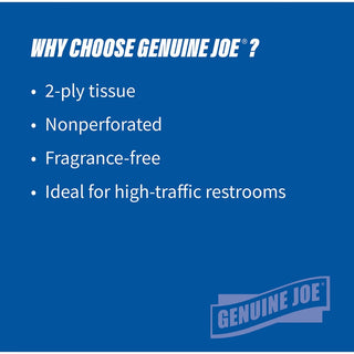 Genuine Joe Jumbo Dispenser Roll Bath Tissue - 2 Ply - 3.50" x 1000 ft - 9" Roll Diameter - 3.30" Core - White - Nonperforated, Fragrance-free, Embossed, Unscented - For Restroom, Washroom, Toilet - 8 / Carton