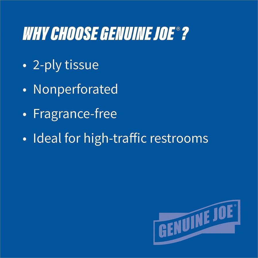 Genuine Joe Jumbo Dispenser Roll Bath Tissue - 2 Ply - 3.50" x 1000 ft - 9" Roll Diameter - 3.30" Core - White - Nonperforated, Fragrance-free, Embossed, Unscented - For Restroom, Washroom, Toilet - 8 / Carton