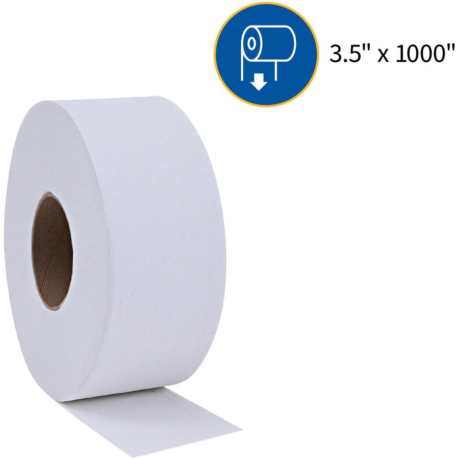 Genuine Joe Jumbo Dispenser Roll Bath Tissue - 2 Ply - 3.50" x 1000 ft - 9" Roll Diameter - 3.30" Core - White - Nonperforated, Fragrance-free, Embossed, Unscented - For Restroom, Washroom, Toilet - 8 / Carton