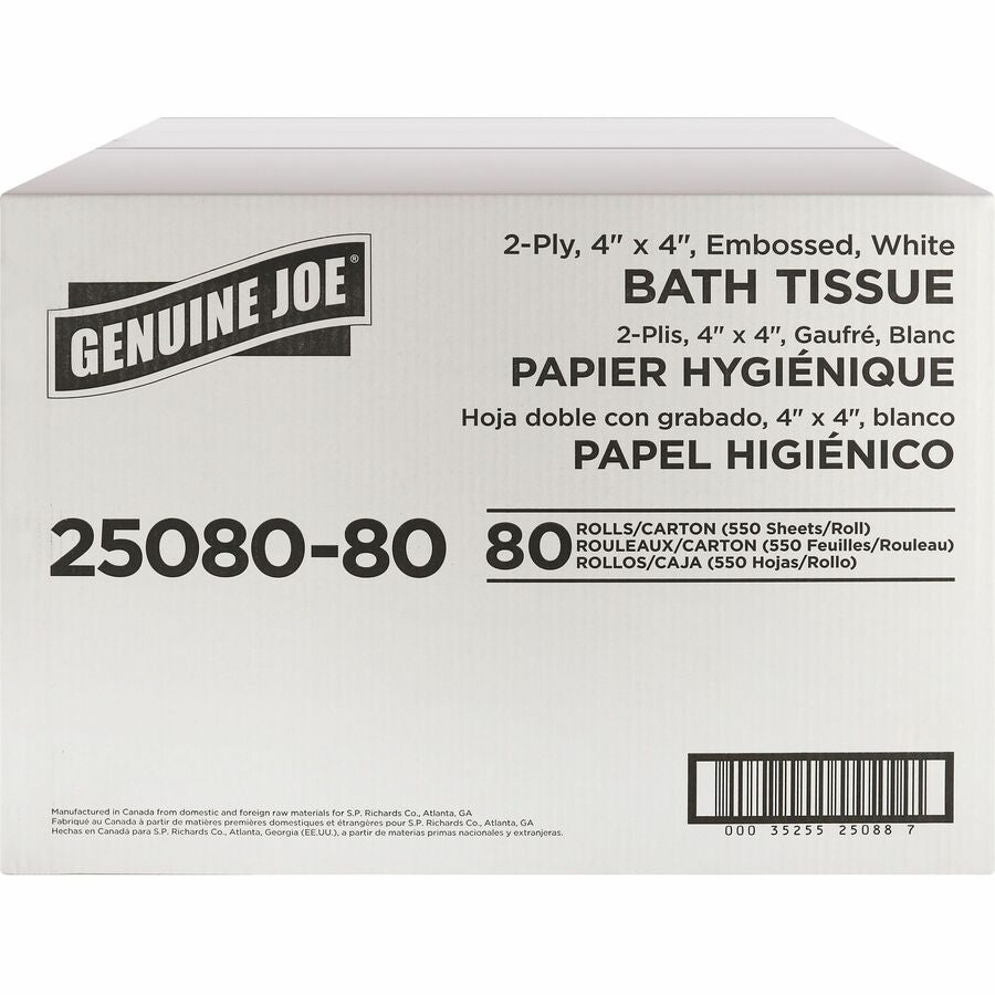 Genuine Joe Embossed Roll Bath Tissue - 2 Ply - 4" x 4" - 550 Sheets/Roll - 1.63" Core - White - Soft, Absorbent, Perforated - For Restroom - 80 / Carton