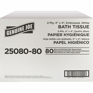 Genuine Joe Embossed Roll Bath Tissue - 2 Ply - 4" x 4" - 550 Sheets/Roll - 1.63" Core - White - Soft, Absorbent, Perforated - For Restroom - 80 / Carton