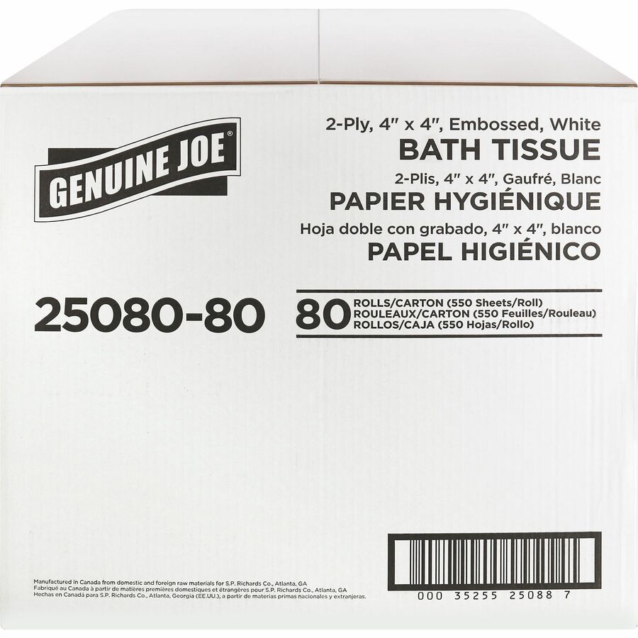 Genuine Joe Embossed Roll Bath Tissue - 2 Ply - 4" x 4" - 550 Sheets/Roll - 1.63" Core - White - Soft, Absorbent, Perforated - For Restroom - 80 / Carton