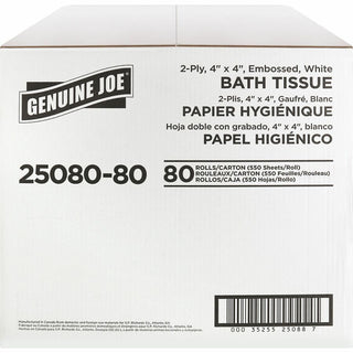 Genuine Joe Embossed Roll Bath Tissue - 2 Ply - 4" x 4" - 550 Sheets/Roll - 1.63" Core - White - Soft, Absorbent, Perforated - For Restroom - 80 / Carton
