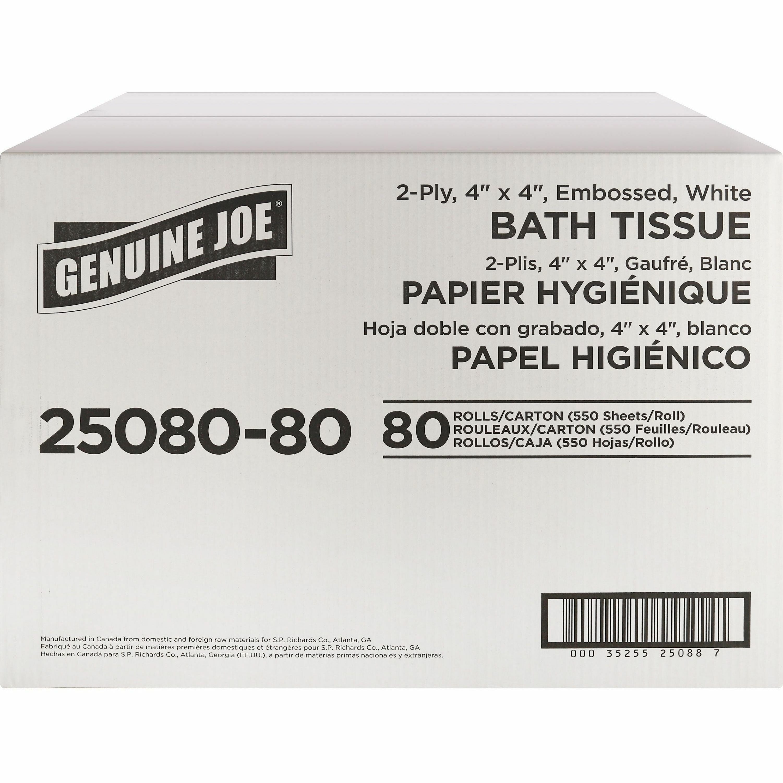 genuine-joe-embossed-roll-bath-tissue-2-ply-4-x-4-550-sheets-roll-163-core-white-soft-absorbent-perforated-for-restroom-80-carton_gjo2508080 - 2