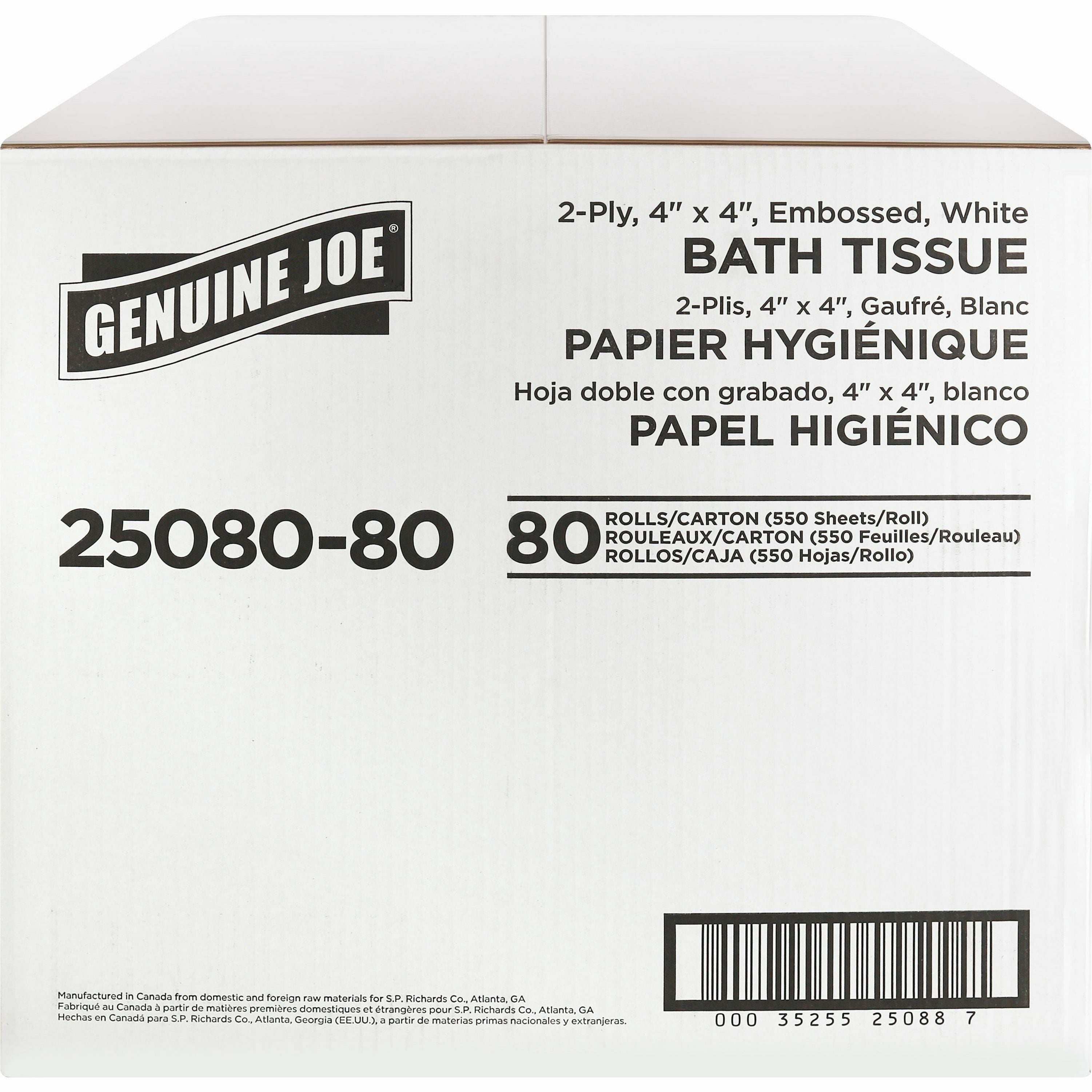 genuine-joe-embossed-roll-bath-tissue-2-ply-4-x-4-550-sheets-roll-163-core-white-soft-absorbent-perforated-for-restroom-80-carton_gjo2508080 - 3