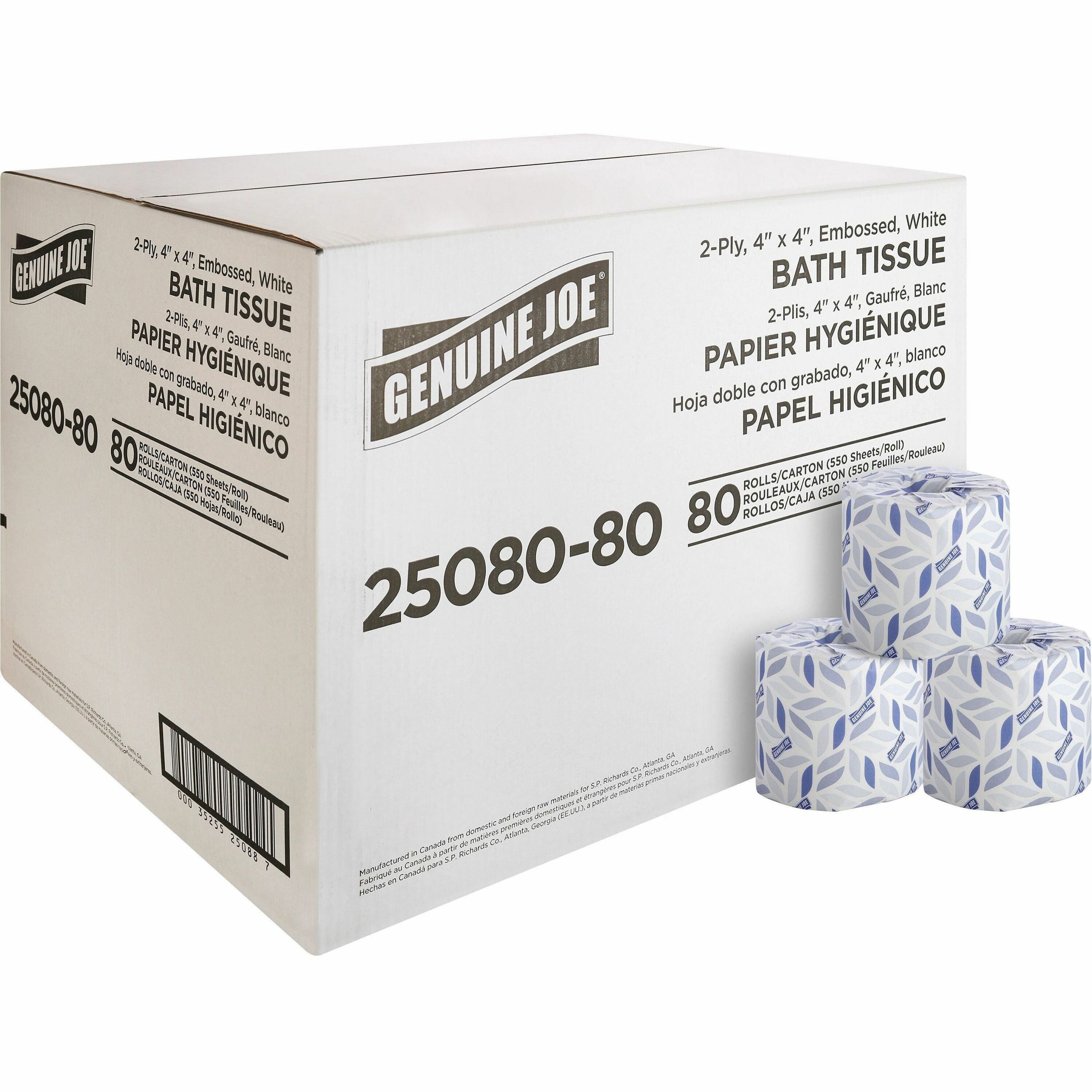 genuine-joe-embossed-roll-bath-tissue-2-ply-4-x-4-550-sheets-roll-163-core-white-soft-absorbent-perforated-for-restroom-80-carton_gjo2508080 - 1