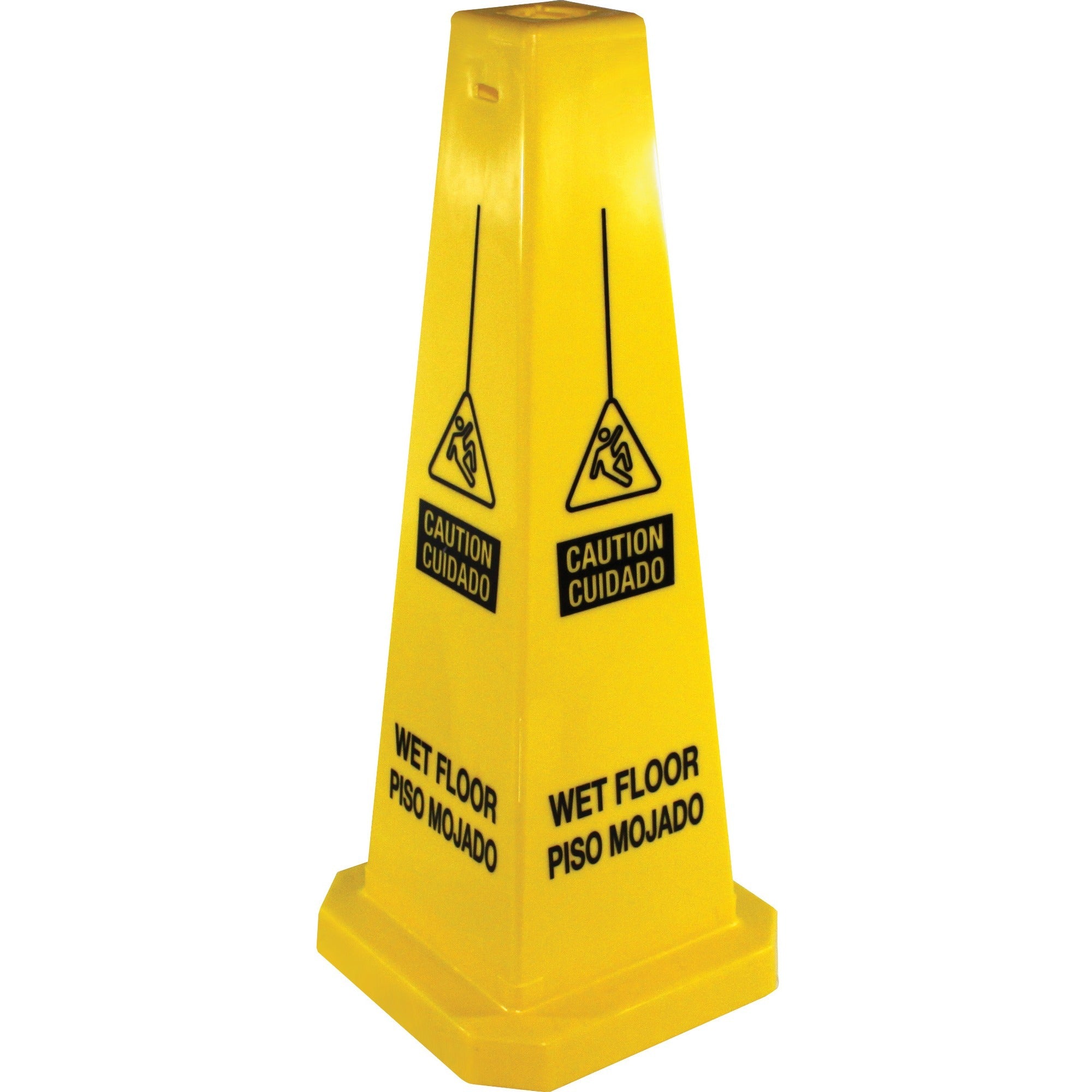 Genuine Joe Bright 4-sided Caution Safety Cone - 1 Each - English, Spanish - 10" Width x 24" Height x 10" Depth - Cone Shape - Stackable - Industrial - Polypropylene - Yellow - 