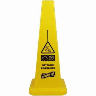 Genuine Joe Bright 4-sided Caution Safety Cone - 1 Each - English, Spanish - 10" Width x 24" Height x 10" Depth - Cone Shape - Stackable - Industrial - Polypropylene - Yellow