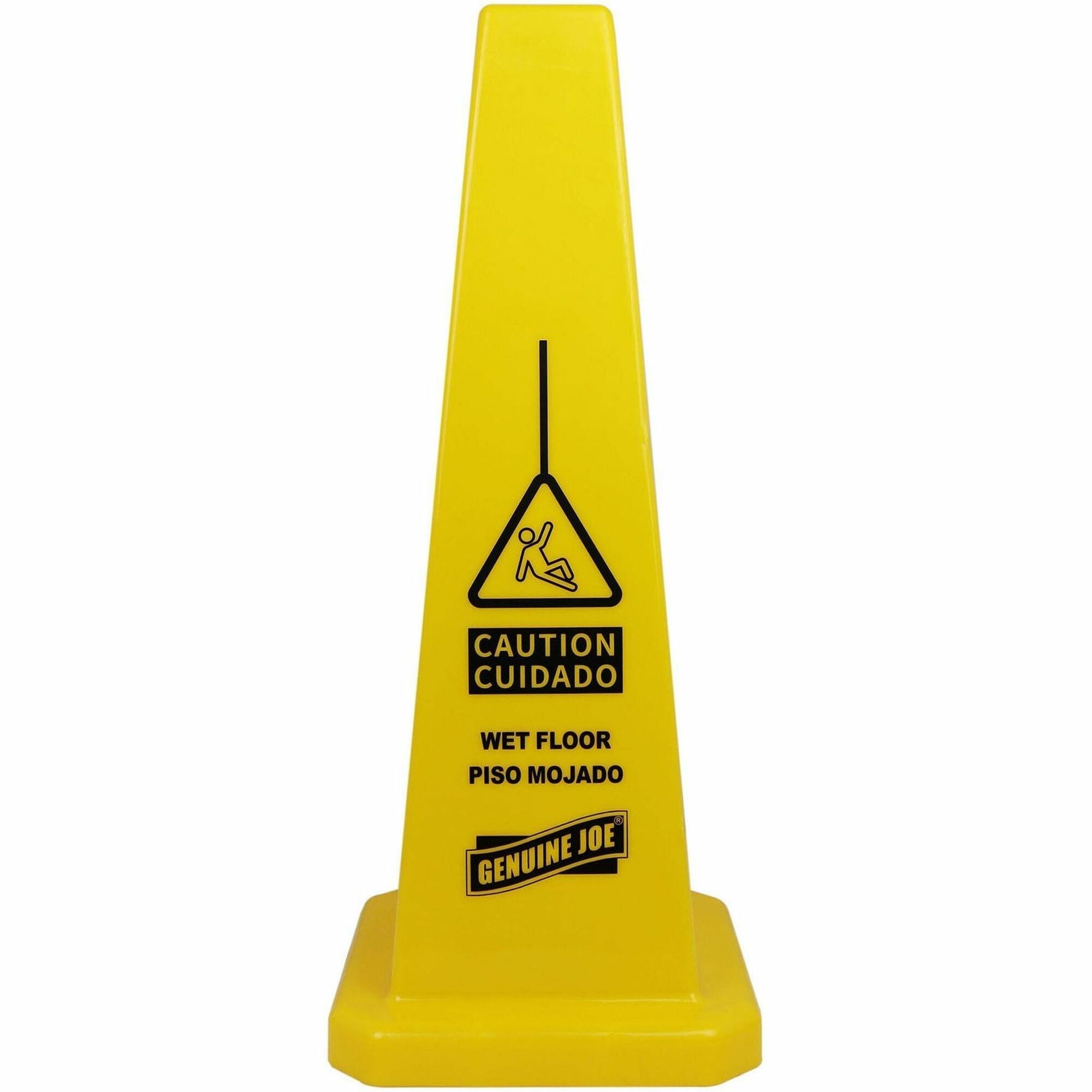 Genuine Joe Bright 4-sided Caution Safety Cone - 1 Each - English, Spanish - 10" Width x 24" Height x 10" Depth - Cone Shape - Stackable - Industrial - Polypropylene - Yellow